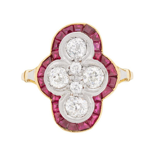 Vintage Old Cut Diamond and Ruby Cluster Dinner/Dress Ring, circa 1930s