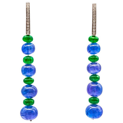 0.12 Carat Diamond Earrings with Tanzanite and Tsavorite Beads