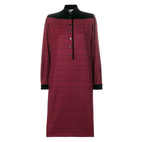 80s Emanuel Ungaro burgundy wool dress with black checked pattern