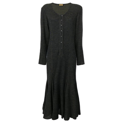 1970s Fendi blue wool and silk blend long dress with yellow polka dots