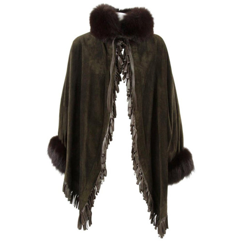 1980s Christian Dior Greenish Brown Suede Cape Coat Trimmed with Fox Fur