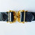 Mimi Di N Black Leather Snakeskin Belt with Gold Plated Leaf Design Buckle 1970s