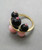 14 Karat Gold Black Onyx and Pink Opal Round Beads Rubies Black Diamonds Ring