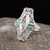 Antique Art Deco Platinum Old Euro Diamond and Emerald Shield Ring