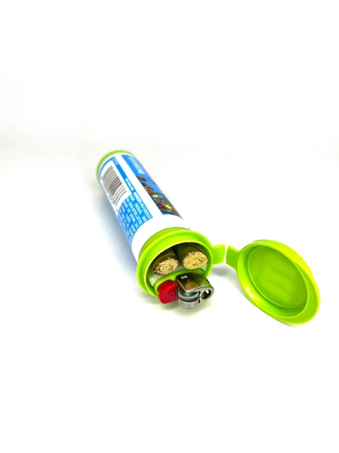 Kush Kitteh 3D-printed modular candy tube stash case showcasing a complete travel pre-roll storage setup with a built-in mini lighter compartment.