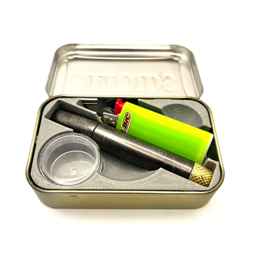 Kush Kitteh custom 3D-printed Altoids tin organizer insert and travel stash kit showing a complete low-profile storage setup for  the Vessel Helix, premium pocket gear.