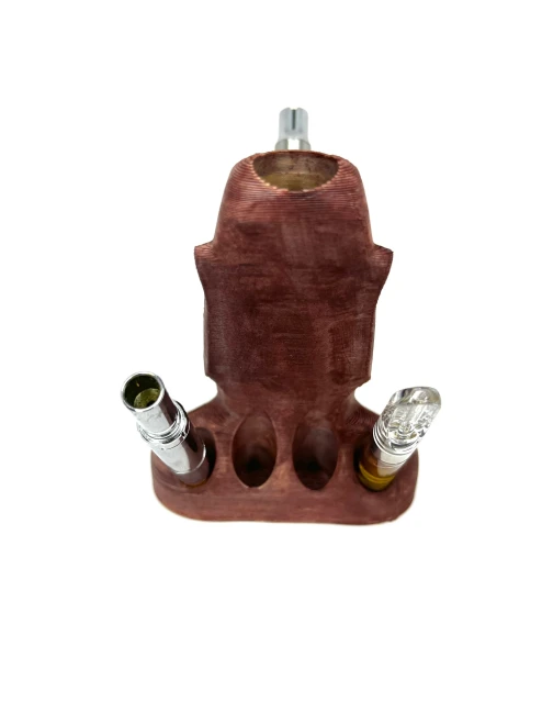 Kush Kitteh Hawaiian Moai Statue 3D-printed desktop cartridge organizer stand holding 6 individual 510 cartridges.