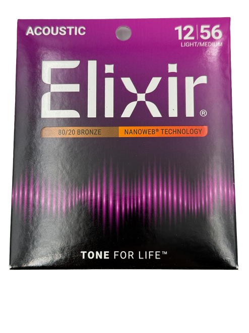 Elixir 11077 80/20 Bronze Acoustic Guitar Strings with NANOWEB. Light/Medium 12-56