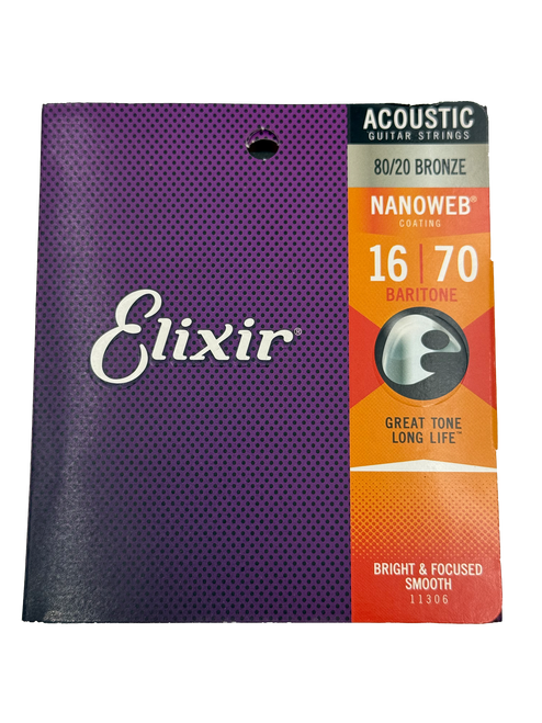 Elixir 11306 80/20 Bronze Acoustic Guitar Strings with NANOWEB. Baritone 16-70
