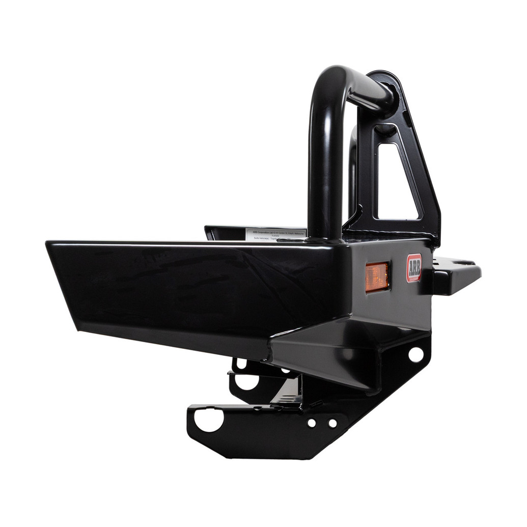 ARB Winch Bumper 3414060, black metal heavy-duty bumper with integrated tow hooks and a robust design for off-road vehicle protection.