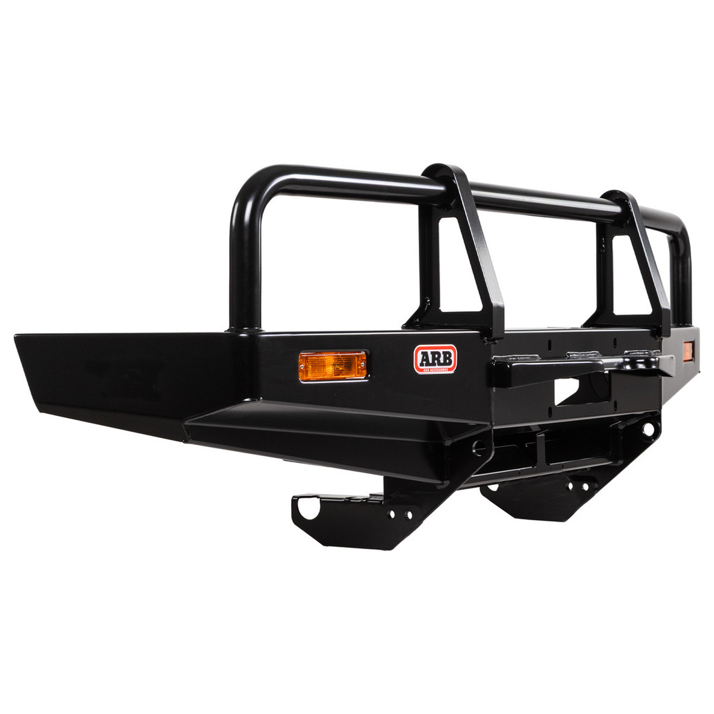ARB Winch Bumper 3414060, black heavy-duty aftermarket bumper for off-road vehicles with integrated mounting points and lighting features.