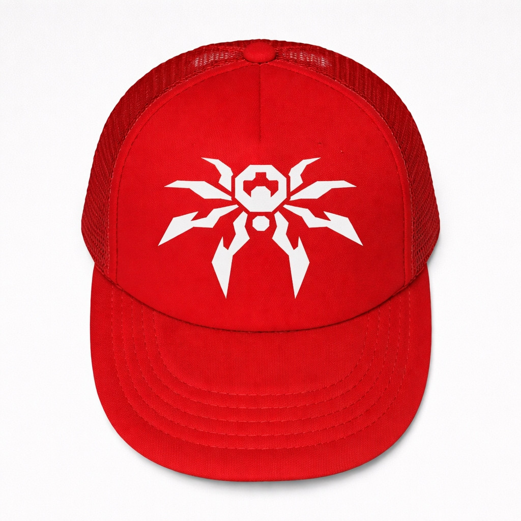 Poison Spyder Icon Trucker Snapback Hat - Red, a red trucker cap with a white spider logo on the front panel.