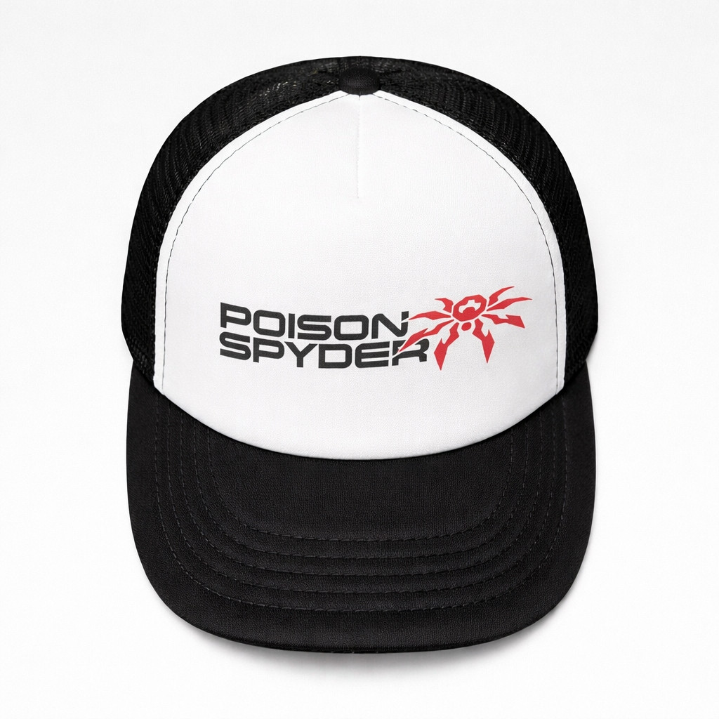 Poison Spyder Stacked Trucker Snapback Hat - Black & White, black and white trucker hat with Poison Spyder logo and spider design in red.