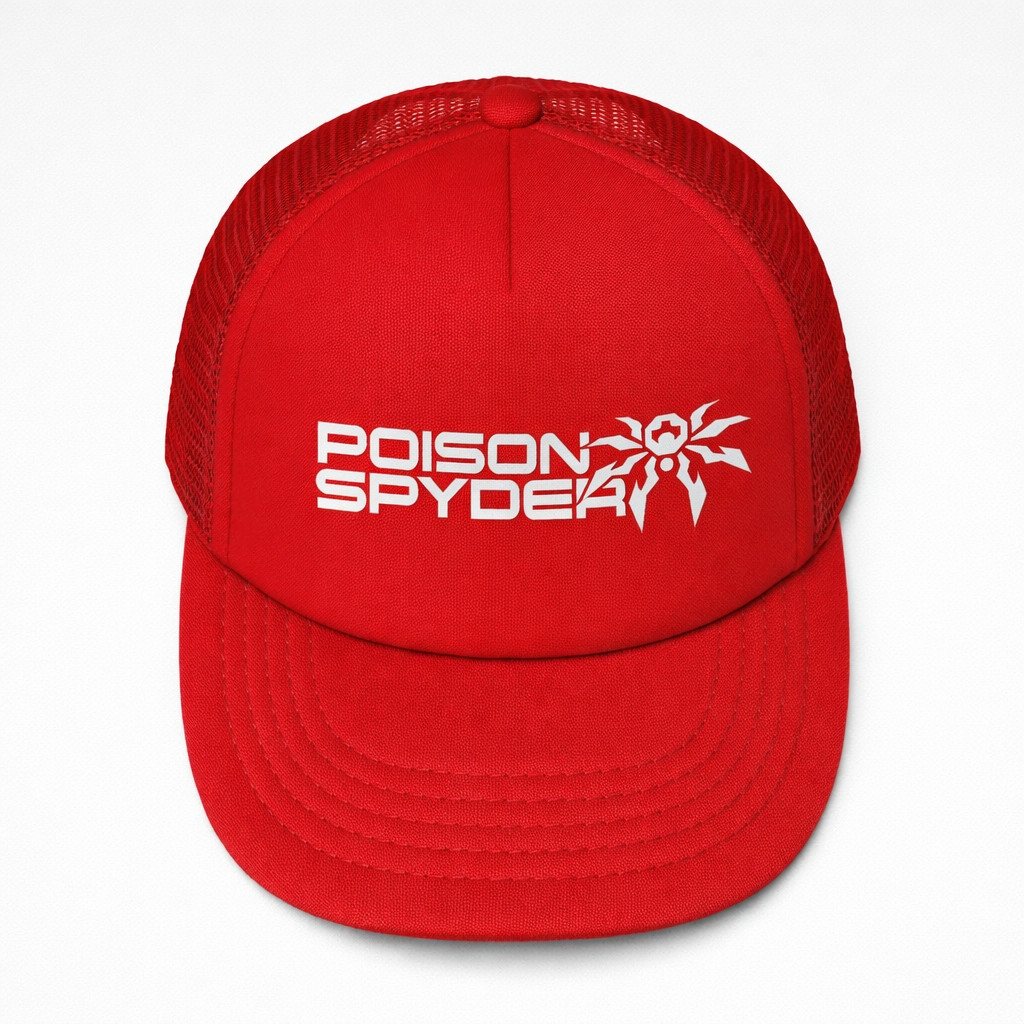 Poison Spyder Stacked Trucker Snapback Hat - Red, red trucker cap with mesh back and Poison Spyder logo in white on the front panel.