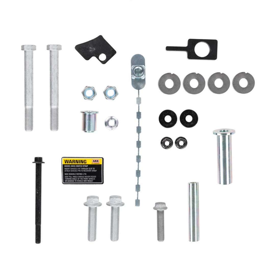 ARB Forged Recovery Point LHS 2821040, vehicle recovery hook and mounting hardware kit with bolts, washers, pins, and safety strap for off-road recovery.