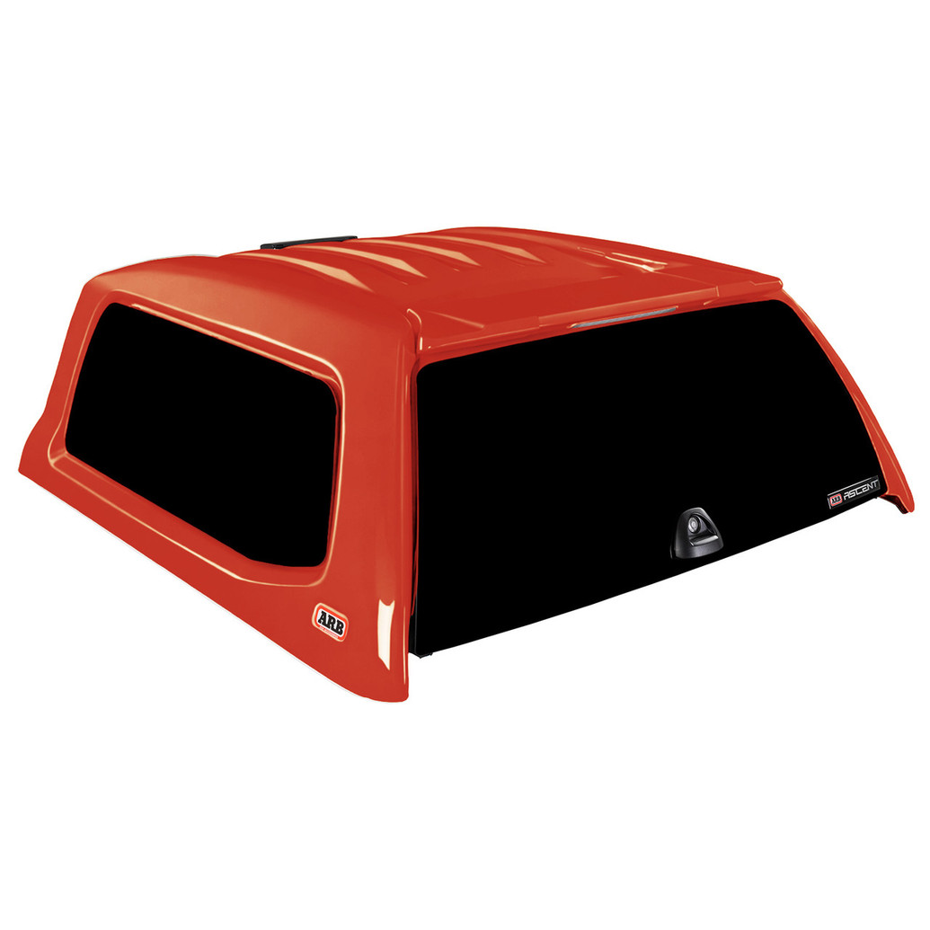 ARB Ascent Truck Cap for Tacoma 2024+, red truck bed cover with tinted windows and black rear door.