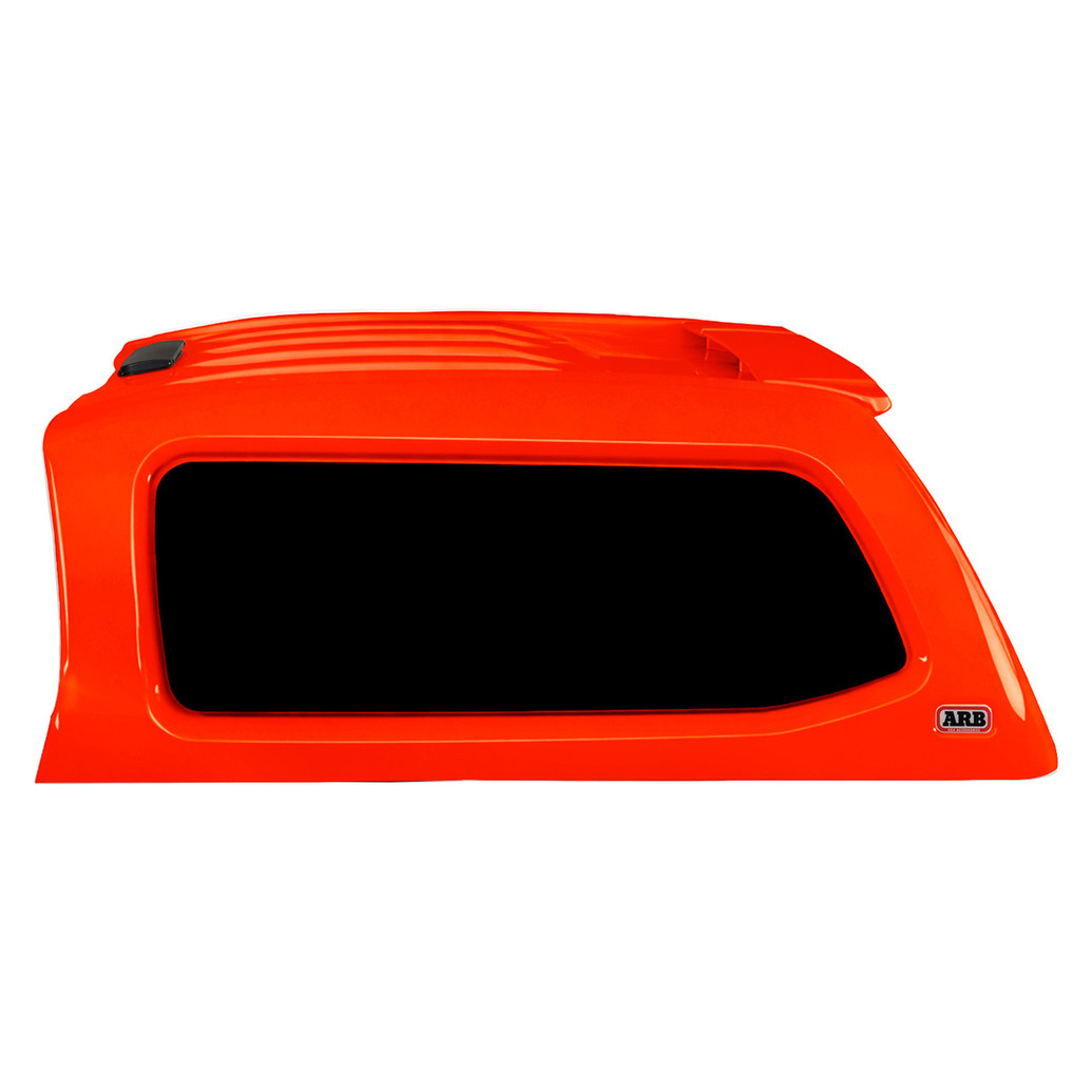 ARB Ascent Truck Cap for Tacoma, 2024+ model in bright orange with tinted windows and black accents.