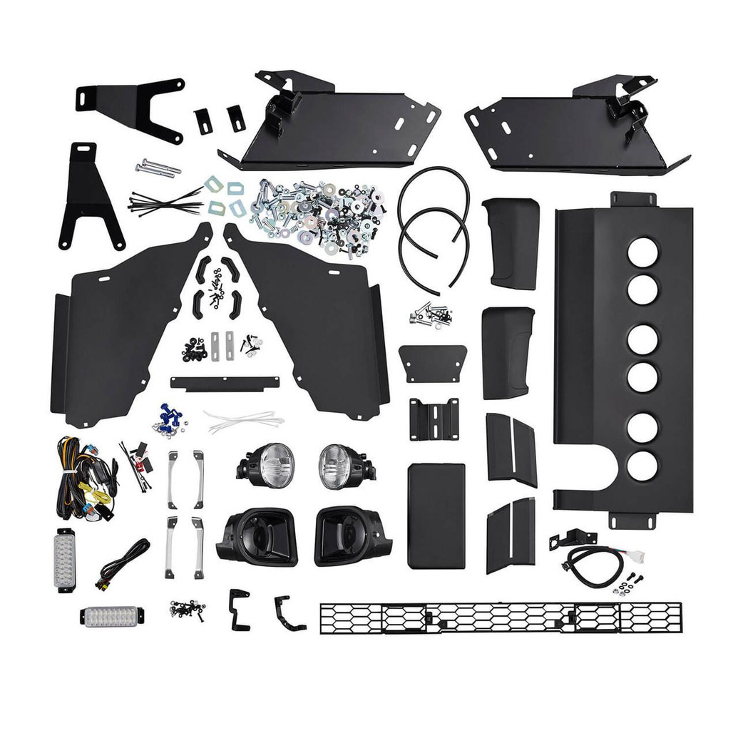 ARB Summit Bumper Kit 3423160K2B, image of black metal and plastic bumper components, lights, wiring harness, and hardware for vehicle installation.