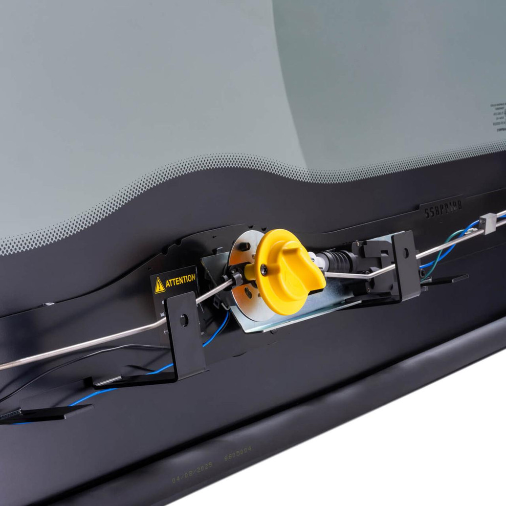 ARB Ascent Rear Door Glass Assembly 668AC024SP, close-up view of the rear door glass assembly showing the mechanical and electrical components of the window mechanism with a yellow safety cap.