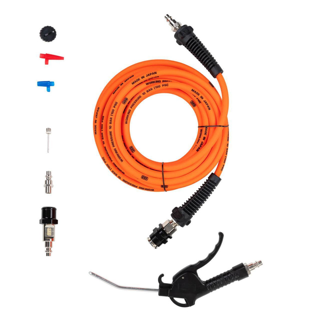 ARB Twin Motor Portable 12V Air Compressor CKMTP24, orange air hose with tire inflator and various fittings for inflating vehicles and tires.