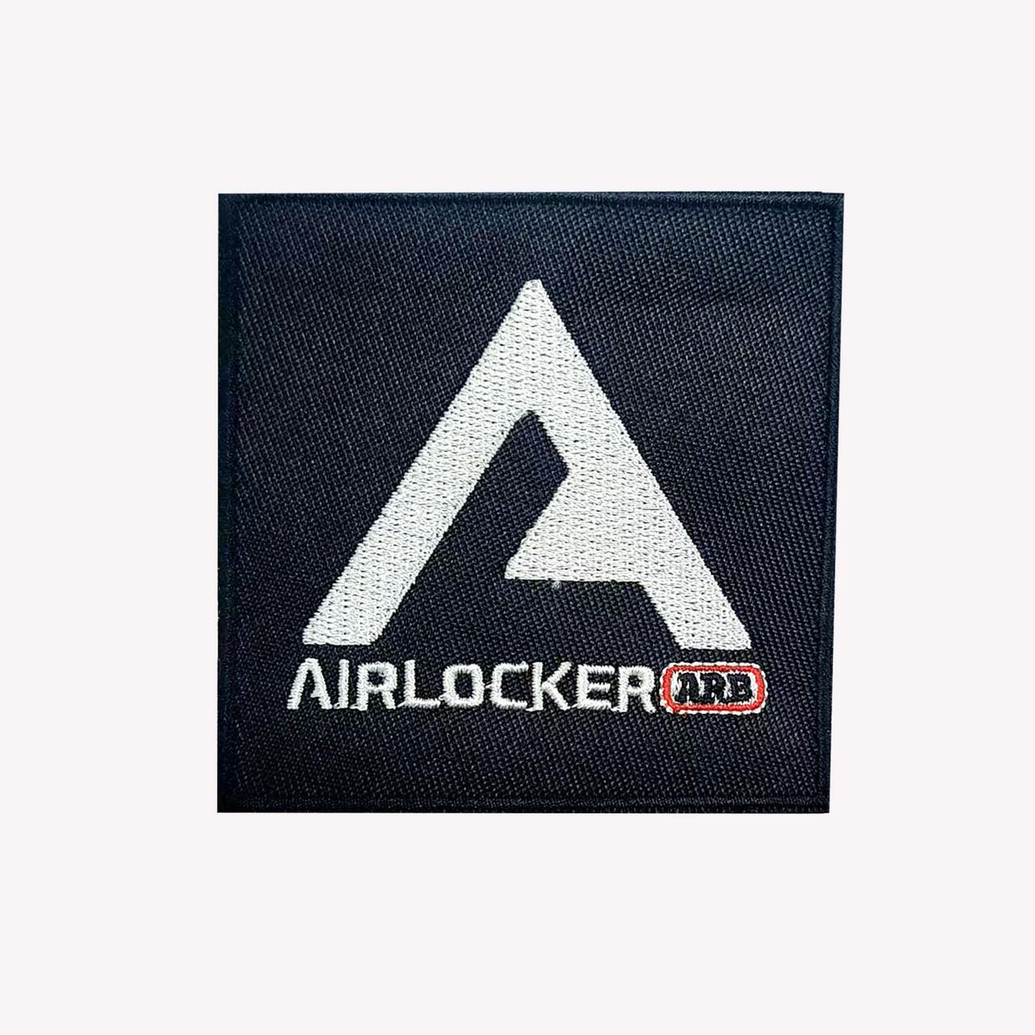 ARB Air Locker Embroidered Patch 3x3 inches, black fabric patch with white ARB logo and text, red-bordered ARB emblem, for vehicle customization and repair.