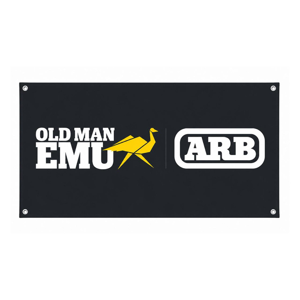Old Man Emu Shop Vinyl Banner, 5'x3' with Emu logo and ARB logo on a black background.