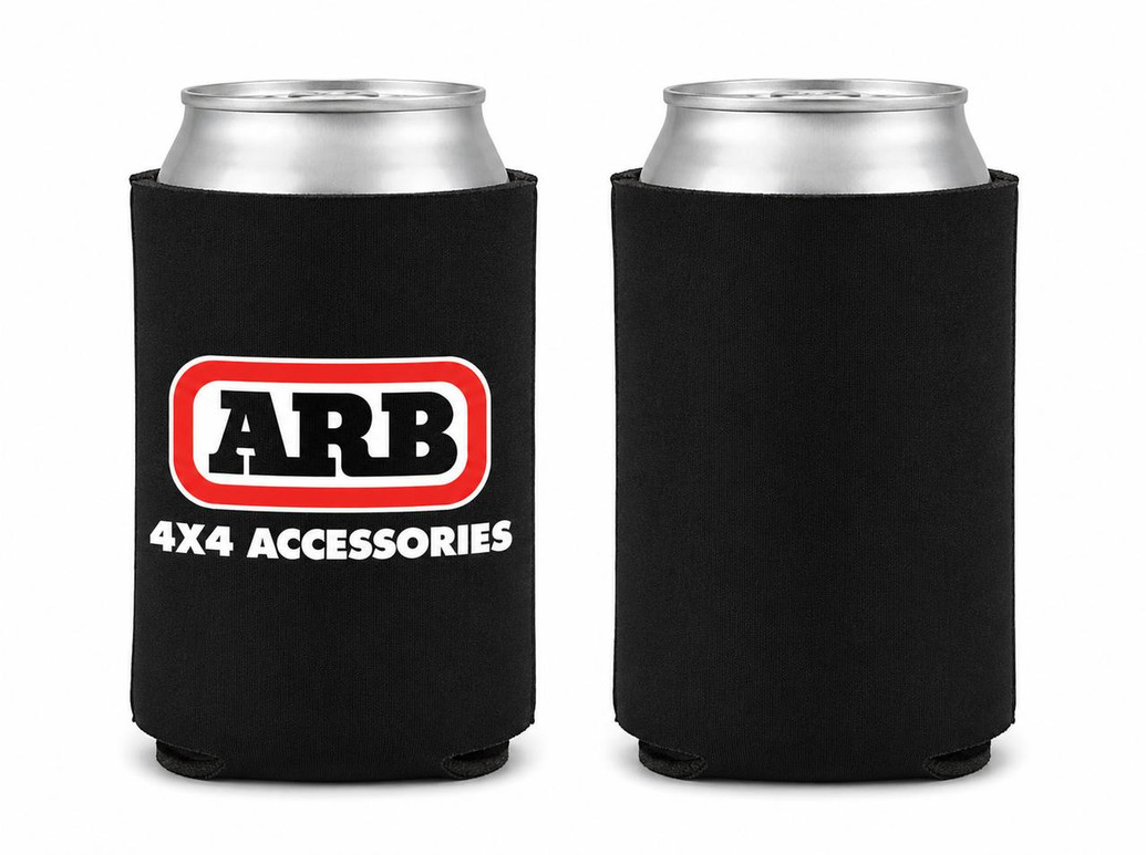 ARB Koozie Can Cooler 12oz, two black neoprene can coolers with the ARB logo on one of them.