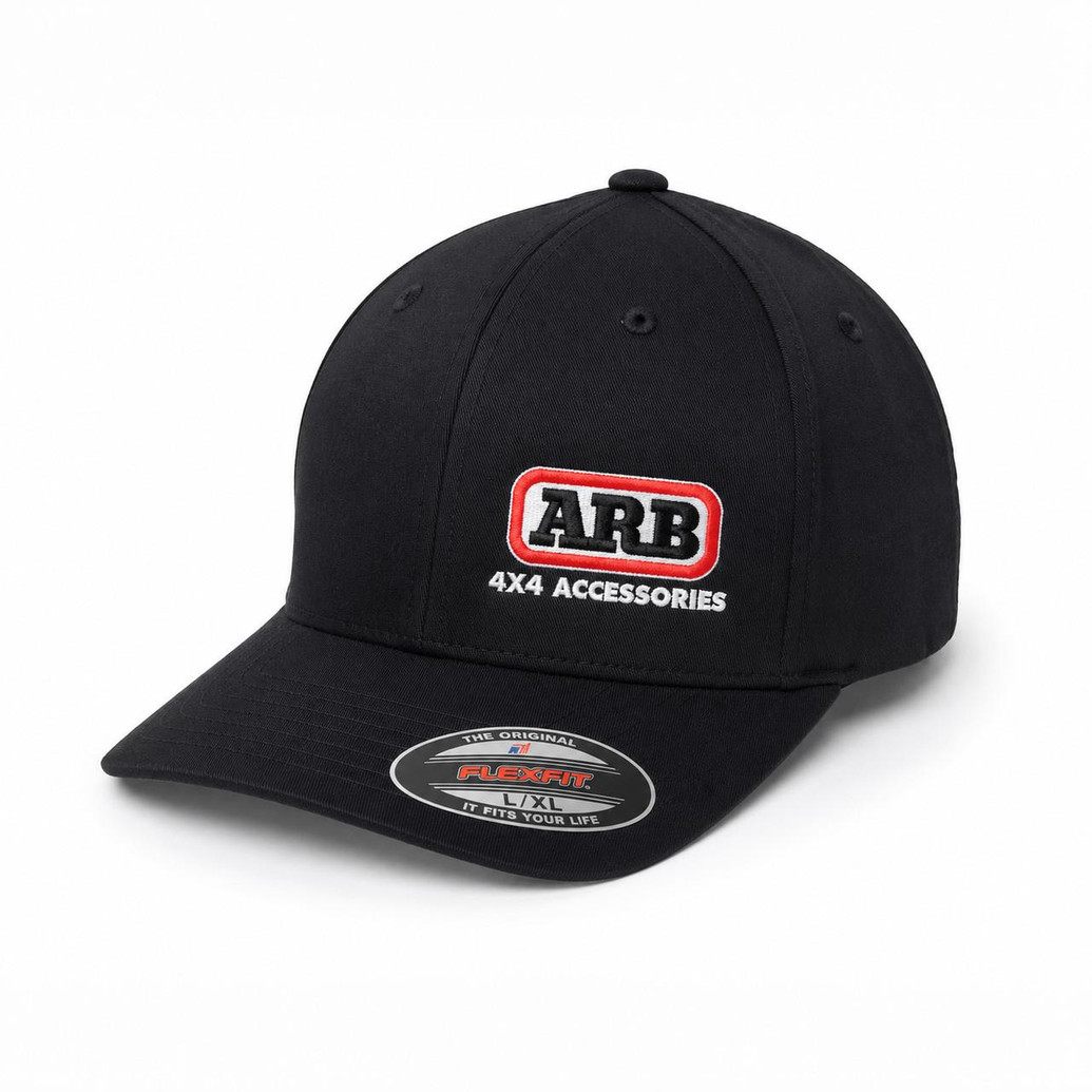 ARB Flex-Fit Cap L/XL 6100NU, black baseball cap with embroidered ARB logo and text, adjustable fit, breathable fabric, for outdoor and off-road activities.