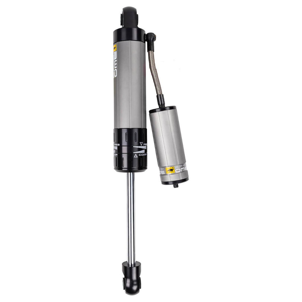 Old Man Emu BP-51 Shock Absorber Front BP5160073, front view of a metallic shock absorber with black and yellow accents, featuring adjustable settings and a sleek design.