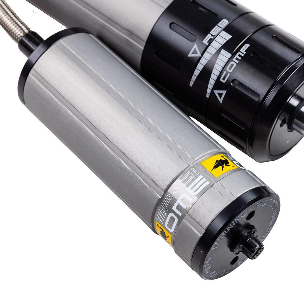 Old Man Emu BP-51 Shock Absorbers Front BP5160073, close-up image showing the black and silver shock absorbers with brand labels and specifications.