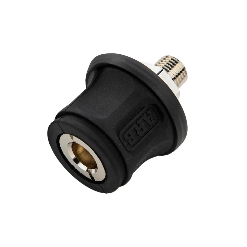 ARB Pump Up Kit, compact black air pump connector with metal fittings for inflating tires and inflatables.