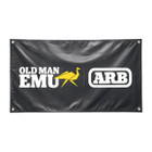 Old Man Emu Shop Vinyl Banner 5'x3' 570195US, black vinyl banner featuring the Old Man Emu logo with the yellow origami-style bird and the ARB logo in white, suitable for shop display or promotional use.
