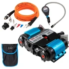 ARB Universal Twin Motor Onboard 12V Air Compressor Kit, image showing a compact black and blue air compressor with various hoses, connectors, a digital pressure gauge, and a carrying pouch.