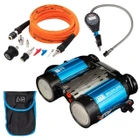 ARB Universal Twin Motor Brushless Onboard 12V Air Compressor Kit, portable air compressor with two blue motors, dual air hoses, digital pressure gauge, and accessories for inflating tires.