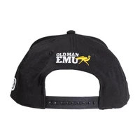 Old Man Emu Performance Baseball Cap 217770, black cap with embroidered yellow emu logo and 'OLD MAN EMU' text in white on the back