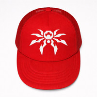Poison Spyder Icon Trucker Snapback Hat - Red, a red trucker cap with a white spider logo on the front panel.