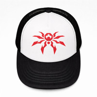 Poison Spyder Icon Trucker Snapback Hat - Black & White, featuring a red spider logo on the front panel.