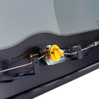 ARB Ascent Rear Door Glass Assembly 668AC024SP, close-up view of the rear door glass assembly showing the mechanical and electrical components of the window mechanism with a yellow safety cap.