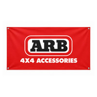 ARB Shop Vinyl Banner, 5'x3' red outdoor advertising banner with ARB logo and bold white text '4X4 ACCESSORIES'