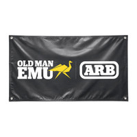 Old Man Emu Shop Vinyl Banner 5'x3' 570195US, black vinyl banner featuring the Old Man Emu logo with the yellow origami-style bird and the ARB logo in white, suitable for shop display or promotional use.