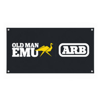 ARB Air Locker Shop Vinyl Banner 5'x3' 570194US, black vinyl banner with white and yellow graphic design, featuring the Old Man Emu logo and ARB logo, suitable for automotive shops and off-road vehicle accessories
