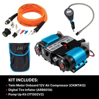 ARB Universal Twin Motor Onboard 12V Air Compressor Kit, including orange air hose, digital tire inflator, pump up kit, and carrying pouch.