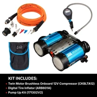 ARB Universal Twin Motor Brushless Onboard 12V Air Compressor Kit, image showing the portable blue and black air compressor with various accessories including hoses, gauges, and connectors, along with a black carrying bag.