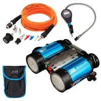 ARB Universal Twin Motor Brushless Onboard 12V Air Compressor Kit, portable air compressor with two blue motors, dual air hoses, digital pressure gauge, and accessories for inflating tires.