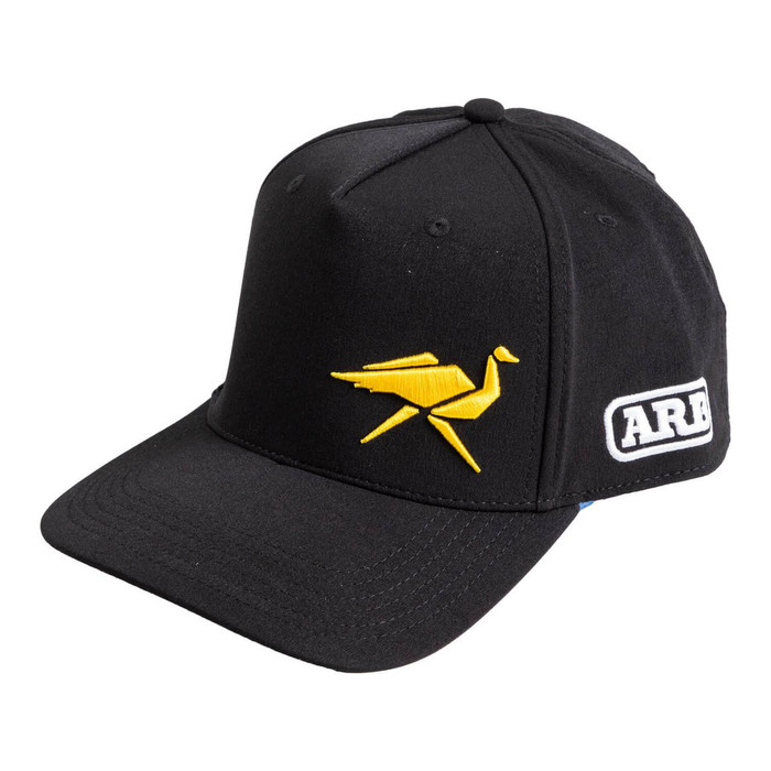 Old Man Emu Performance Baseball Cap 217770, black baseball cap with yellow origami bird logo and ARB embroidered patch on the side.