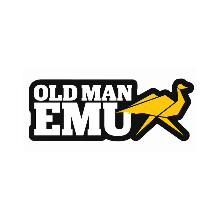 Old Man Emu Sticker 5 inches wide, featuring bold black and white text with a yellow origami-style bird logo.
