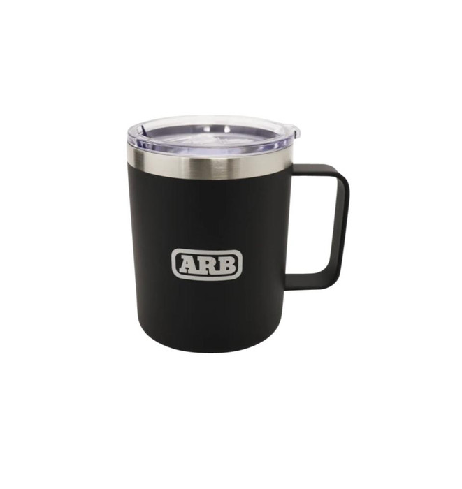 ARB Insulated Camper Mug 11oz 2170194, black tumbler with clear lid and stainless steel rim, featuring durable handle and logo.