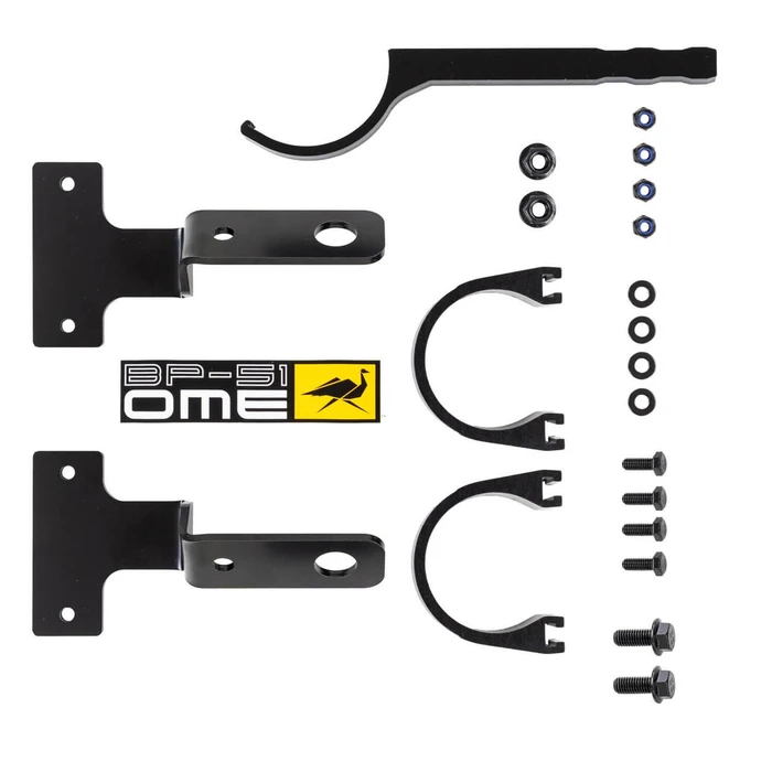 Old Man Emu BP-51 Front Fitting Kit Front VM80010103, car suspension upgrade kit with black metal brackets, clamps, and screws for vehicle's front suspension system.