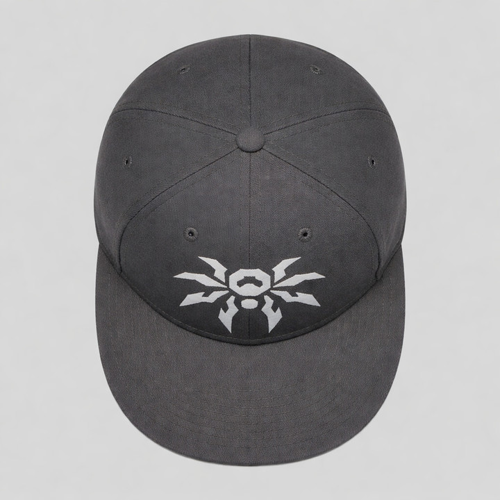 Poison Spyder Icon New-Era Snapback Flatbill - Charcoal, a black baseball cap with a flat brim and a white Poison Spyder logo on the front.