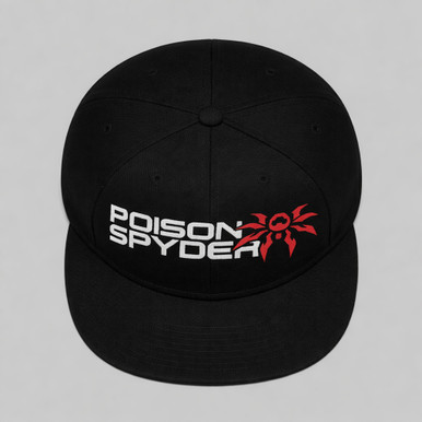 Poison Spyder Stacked New-Era Snapback Flatbill - Black, black snapback cap with Poison Spyder logo and red spider graphic on front.